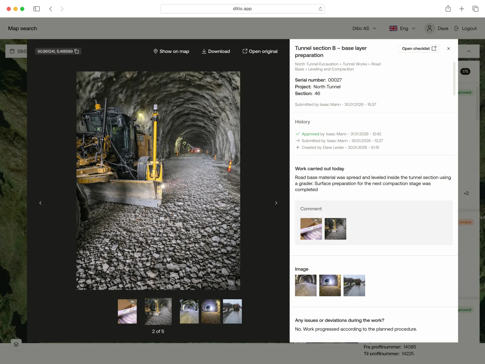 Ditio Core checklist — map view with photo documentation