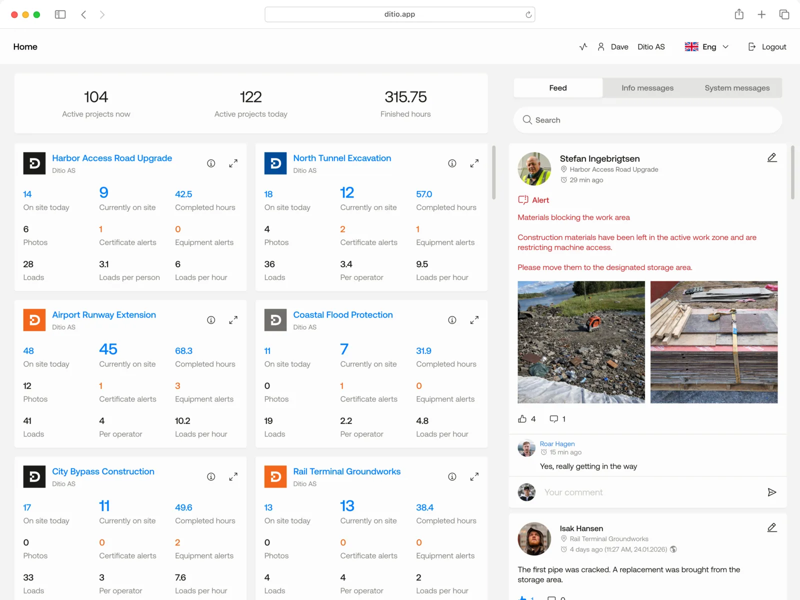 Ditio Core dashboard — project overview with real-time crew status