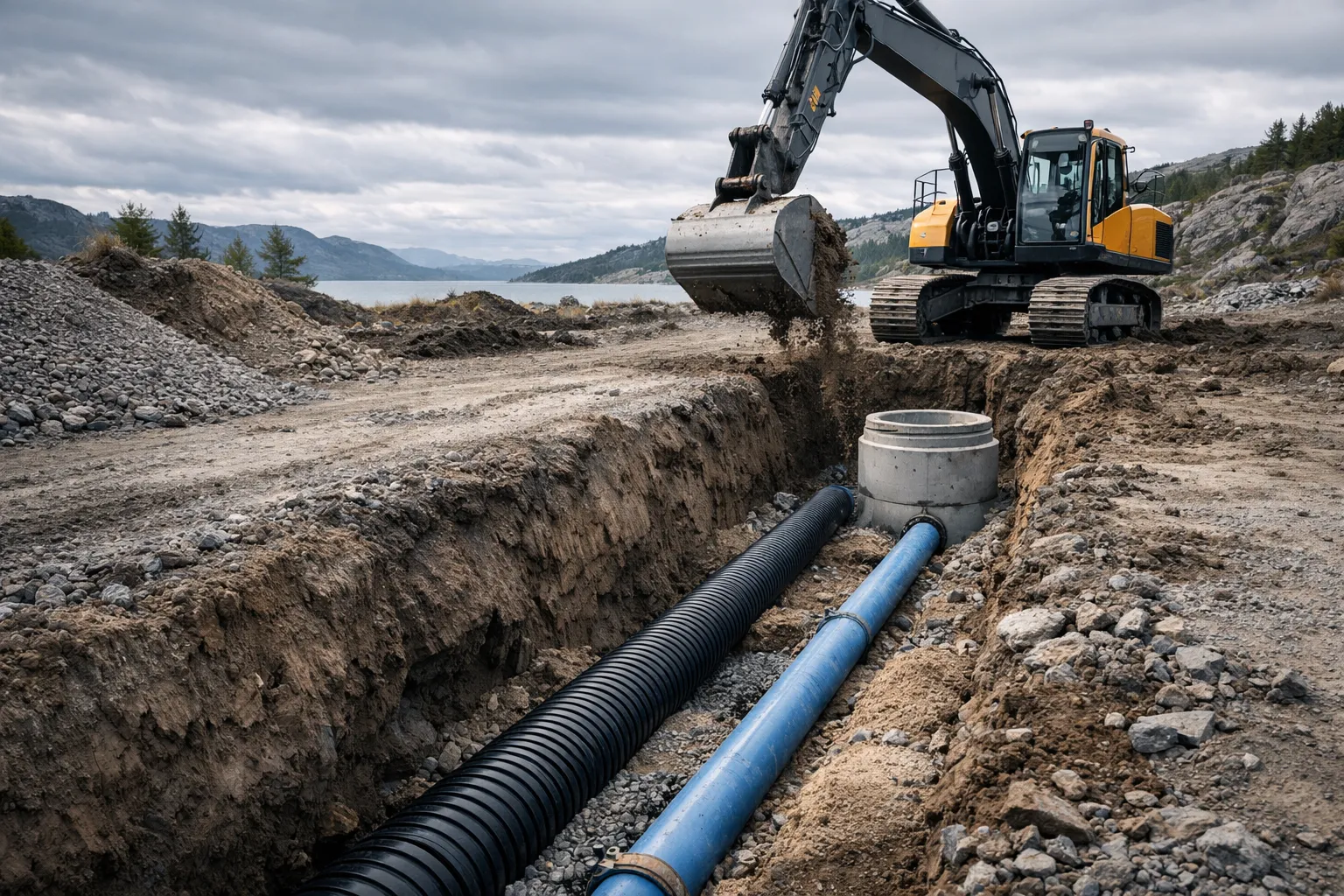 Groundwork with trenches and pipe installation on a construction site