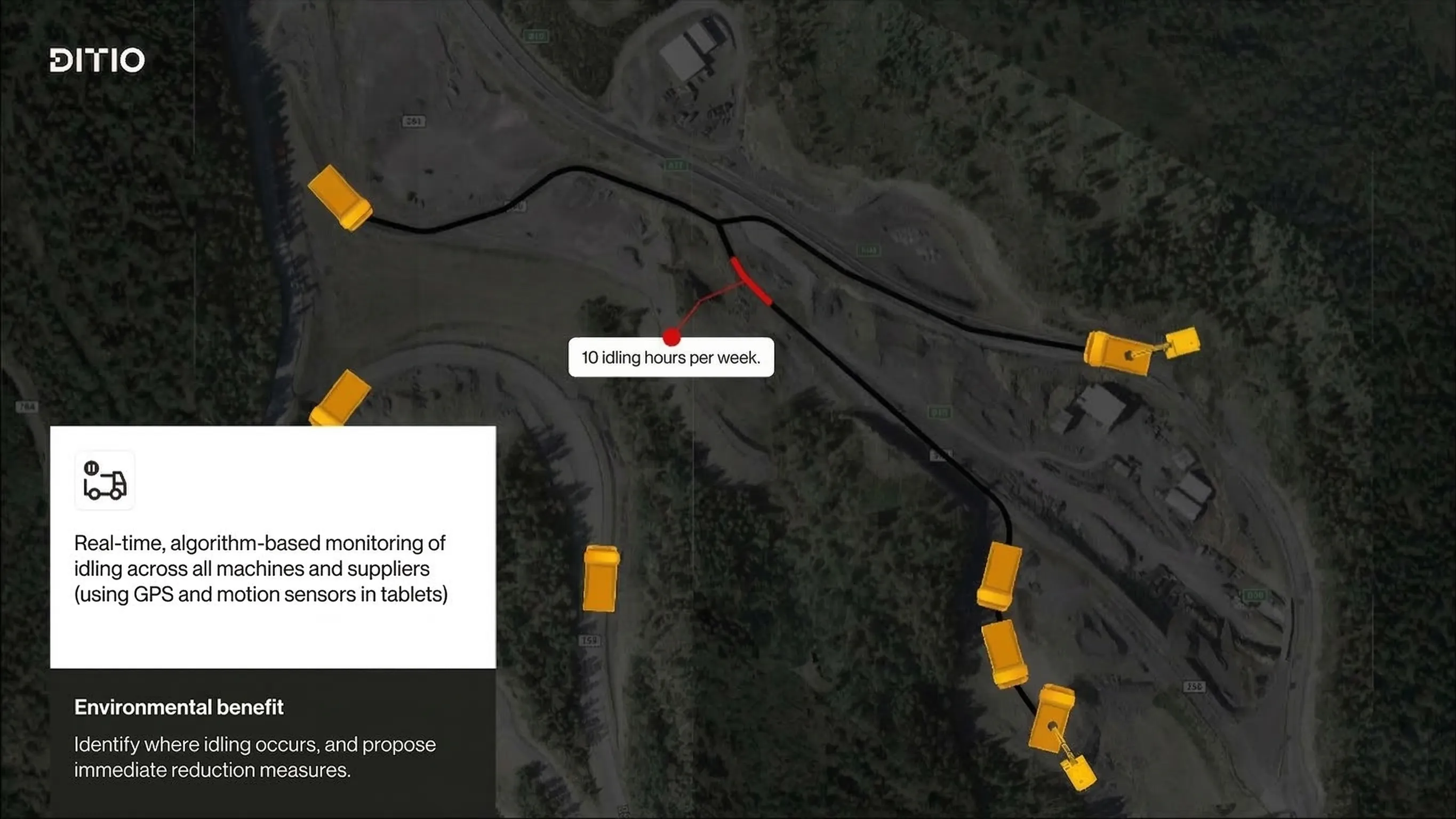 Ditio Flow idle time map showing real-time monitoring of truck idling across a construction site