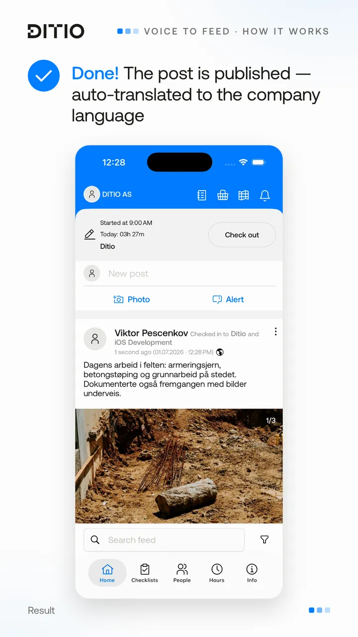 Voice to Feed – the diary entry shared with the project team (step 7)